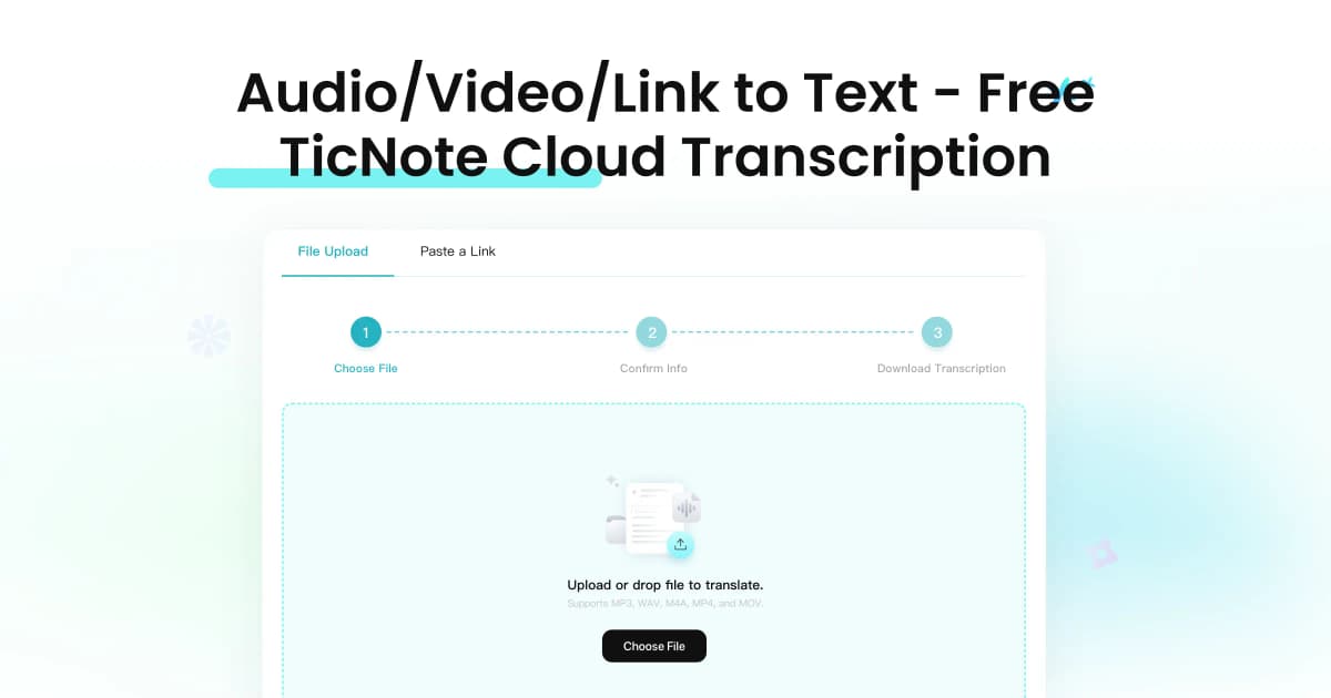 TicNote page showing an upload or link step to start audio, video, or link transcription.