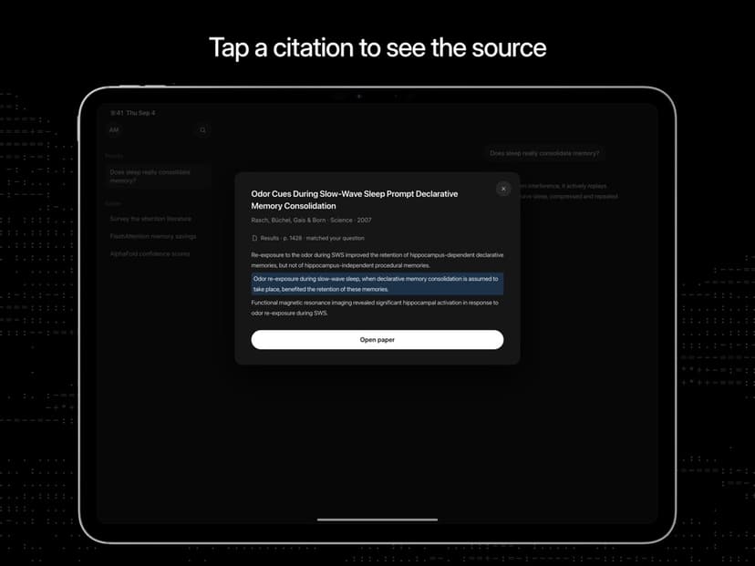 Anara App Store iPad screenshot showing a citation card and highlighted source passage.