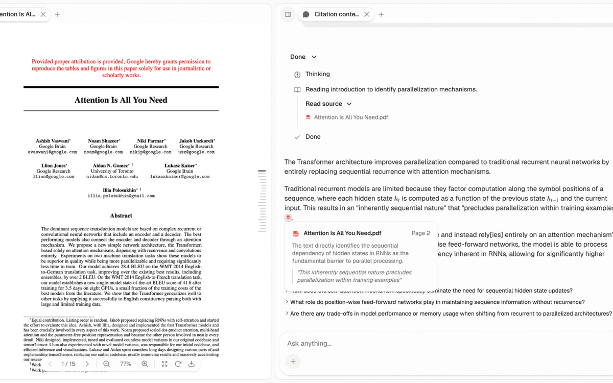 Atlas answer and citation preview beside the Attention Is All You Need PDF.