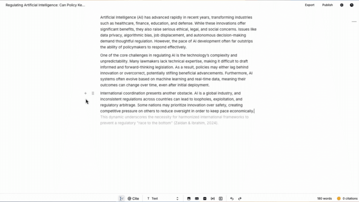 Jenni’s academic editor shows a draft paragraph with a gray inline autocomplete suggestion and the editor toolbar.