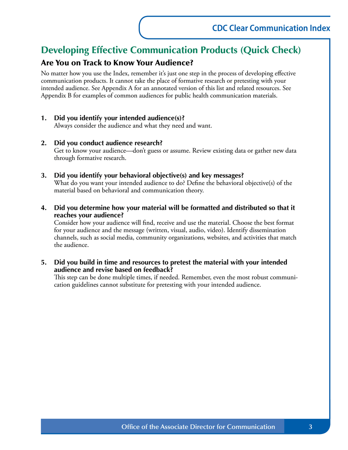 CDC guide page listing audience, message, format, and reader-testing checks