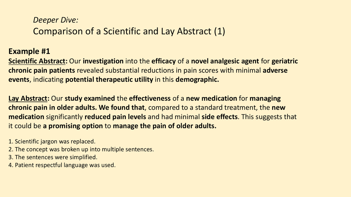 NCI slide comparing a scientific abstract and a lay abstract for an illustrative chronic-pain medication example