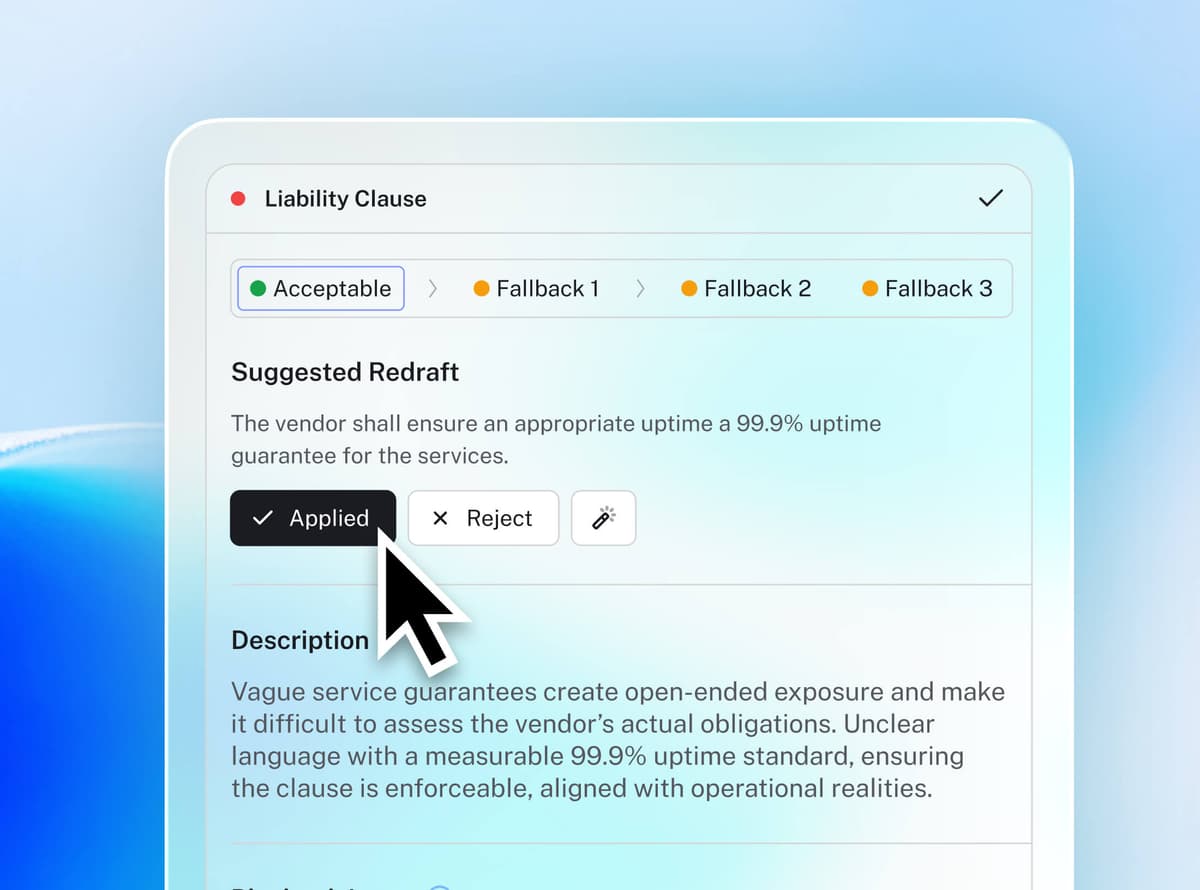 LegalFly clause-review panel with acceptable and fallback positions, a suggested liability-clause redraft, and apply or reject controls.