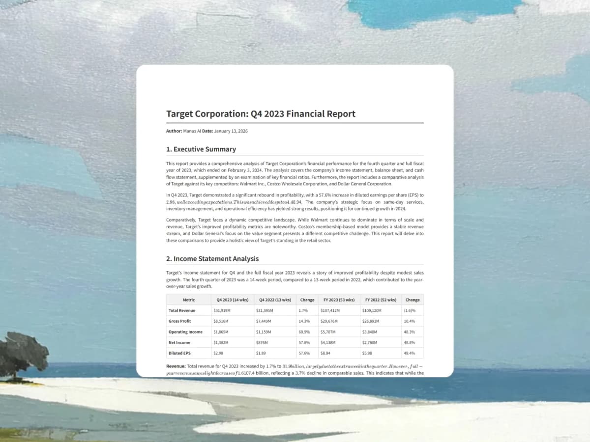 Manus's official sample shows a Target Corporation Q4 2023 financial report with an executive summary and comparison table.