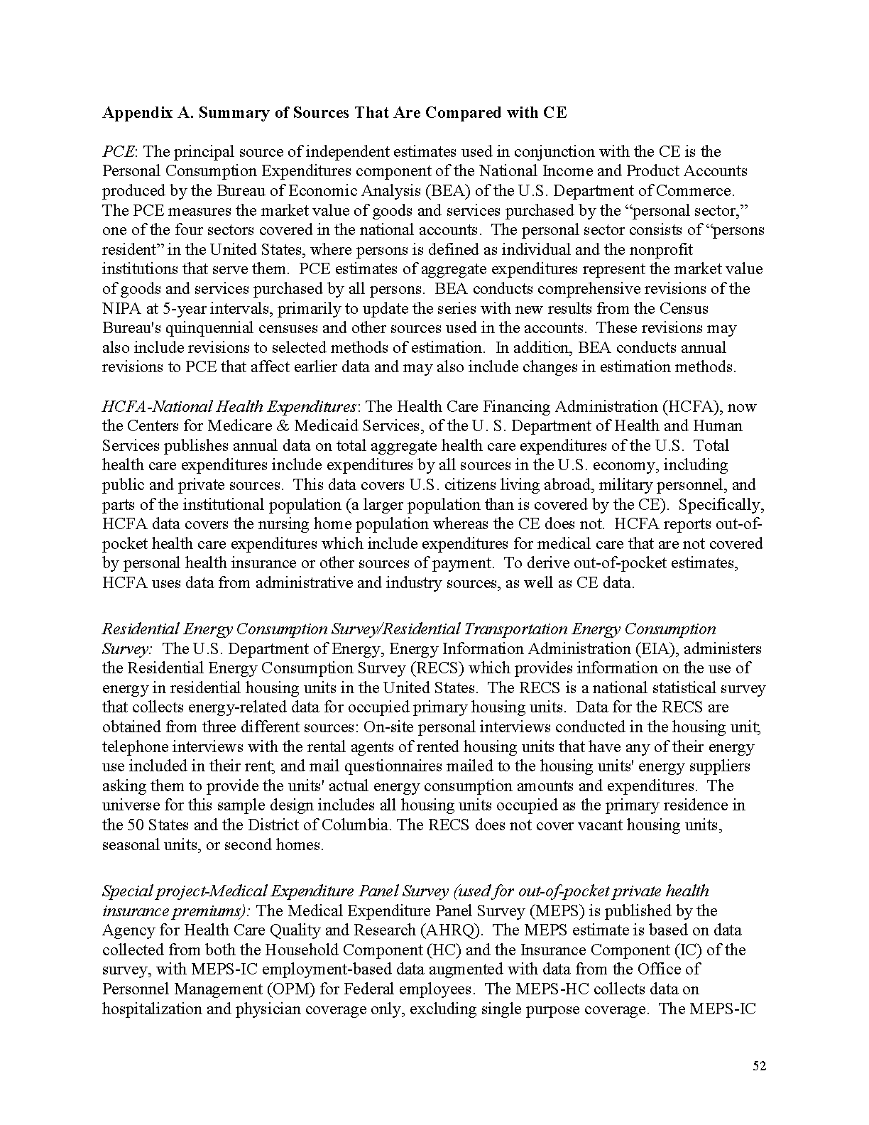 BLS report page describing the definitions, populations, and collection methods for several data sources compared with Consumer Expenditure Survey estimates.