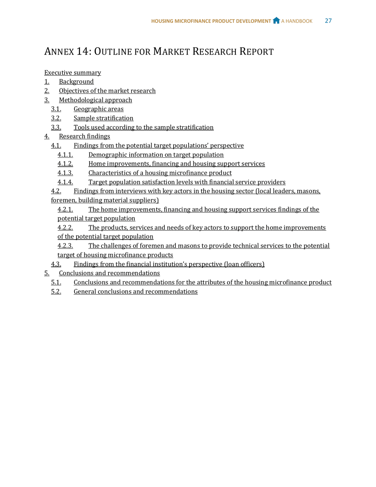 Habitat for Humanity's 2016 housing-microfinance handbook shows one market-research report outline with nested methodology and findings sections.