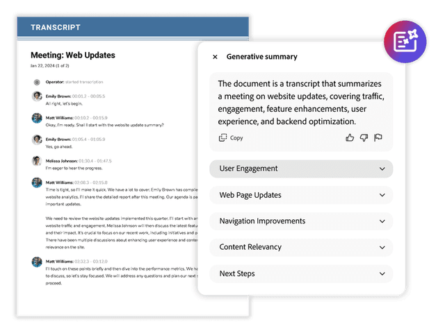 Acrobat AI Assistant generative summary panel beside a meeting transcript, with topic and next-step sections.