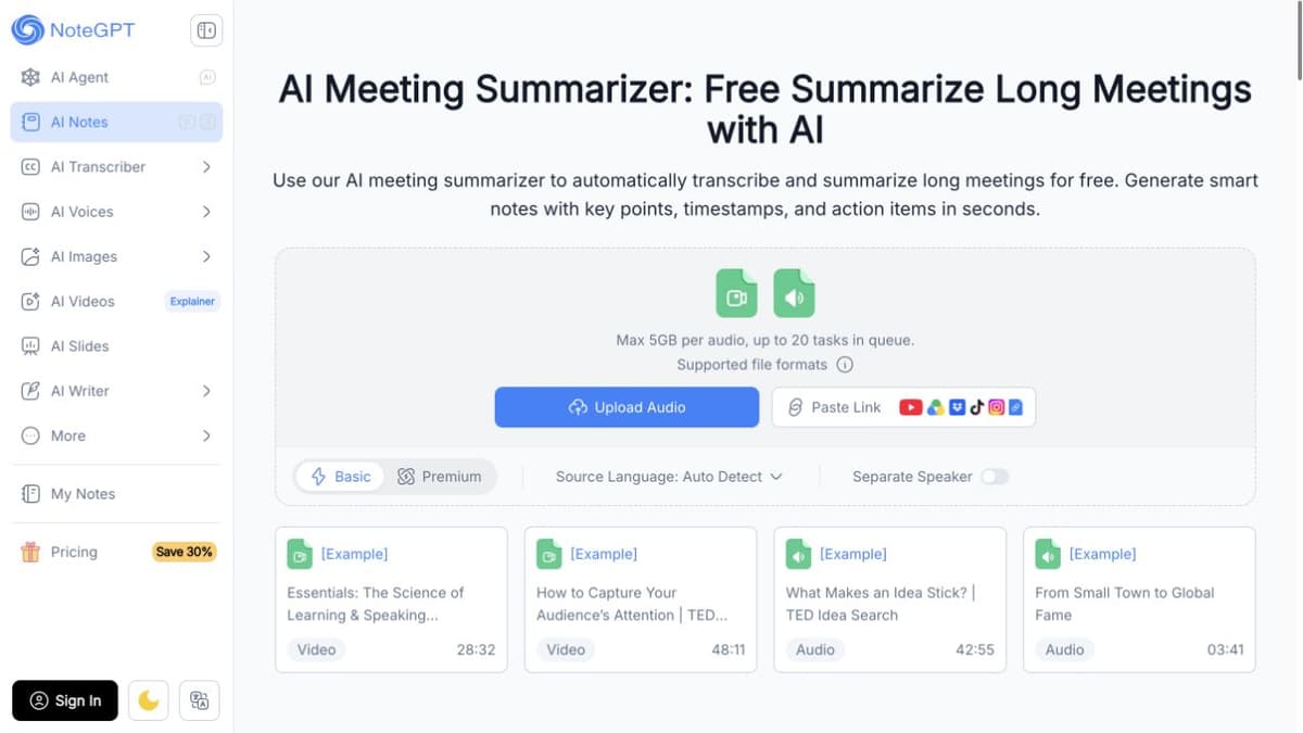NoteGPT meeting-summarizer page showing audio upload, paste-link, language, and speaker controls.