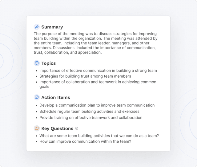 Read AI meeting report with sections for a summary, topics, action items, and key questions.