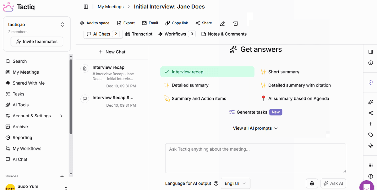 Tactiq Get answers panel with Short summary, Summary and Action items, detailed summary, and Generate tasks options.
