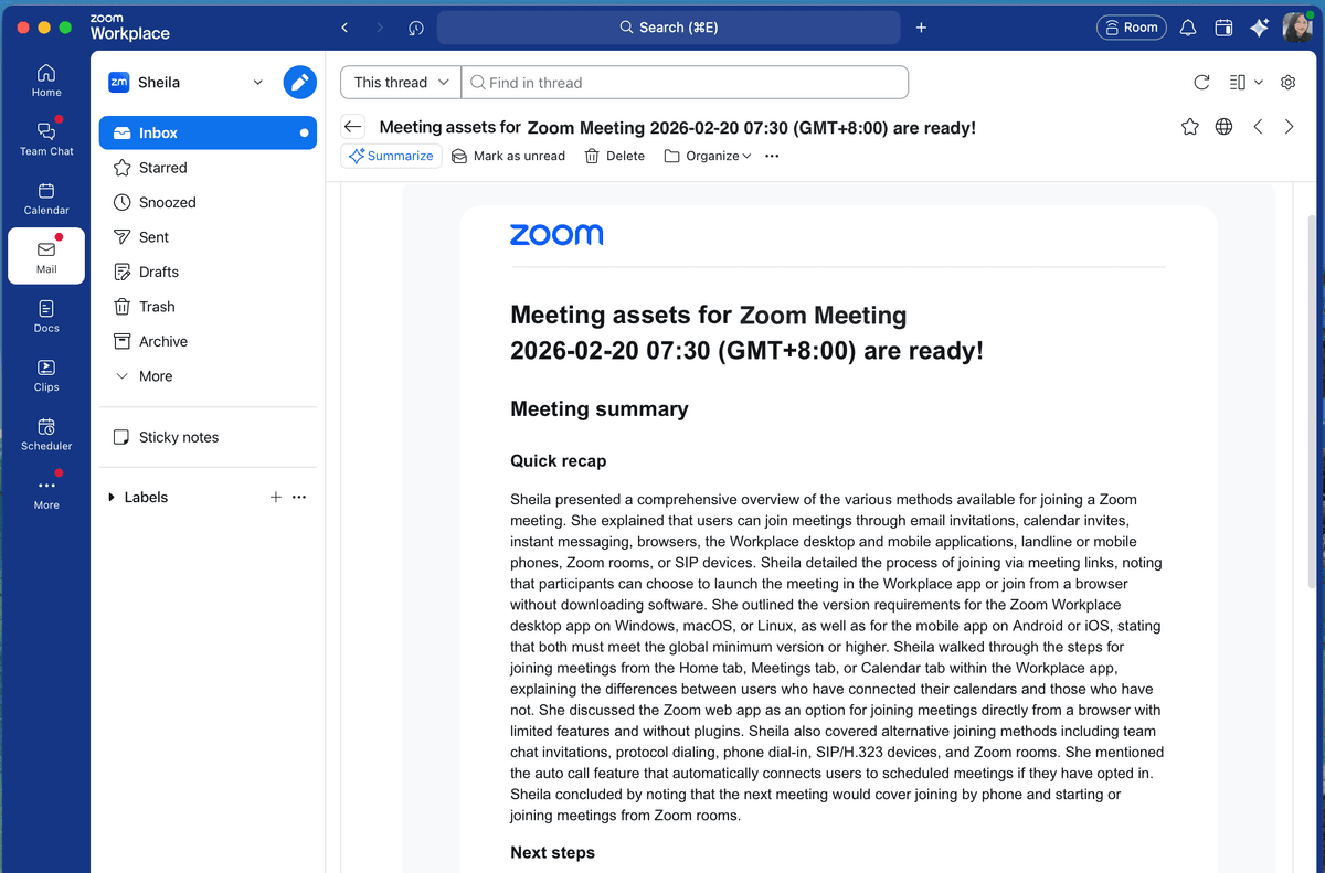 Zoom Mail displaying an official sample email with a generated meeting summary and recap.