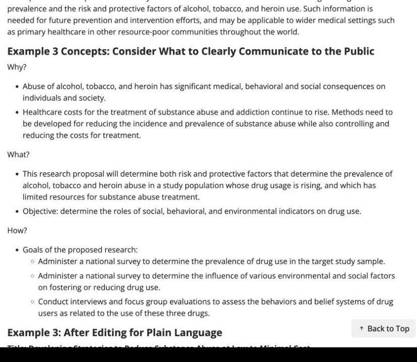 NIH guidance outline separating the public-health context, proposed research, and planned methods