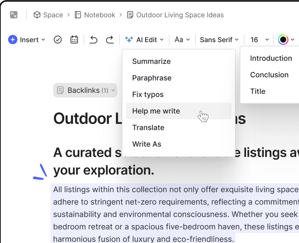Evernote AI Edit menu with the Summarize action visible in its note editor.