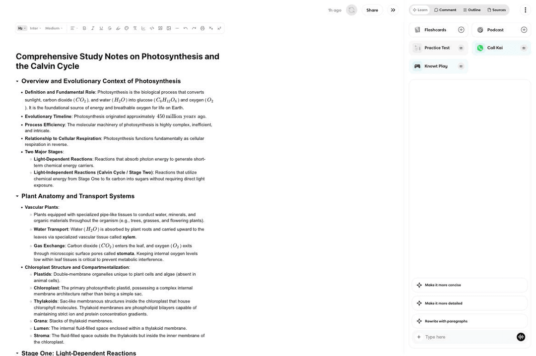 Knowt study-note editor beside Kai’s concise, detailed, and rewrite prompts.