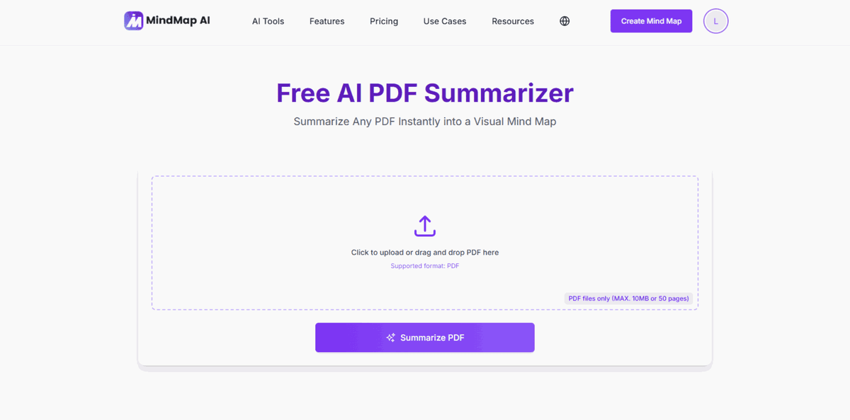 MindMap AI PDF summarizer upload screen and Summarize PDF action.