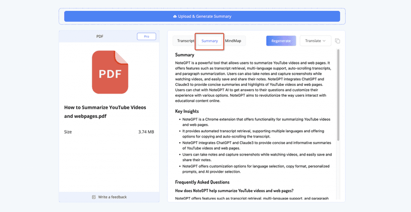 NoteGPT PDF example showing a source passage beside extracted highlights