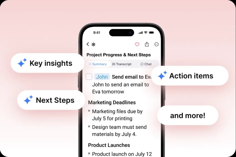 Summary AI meeting recap with labeled Key insights, Action items, and Next Steps.