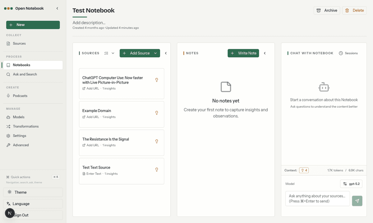 Open Notebook test workspace with Sources, Notes, and Chat with Notebook panels.