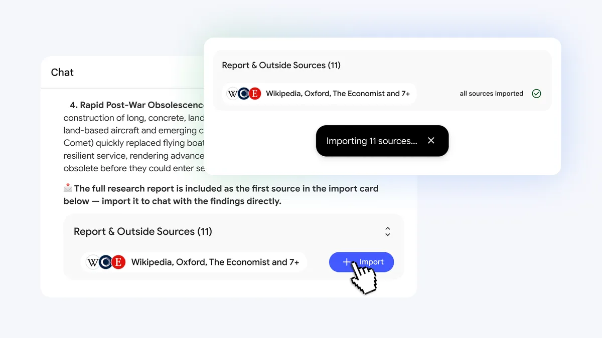 Google's current NotebookLM research example with an 11-source import card beside a source-grounded chat answer.