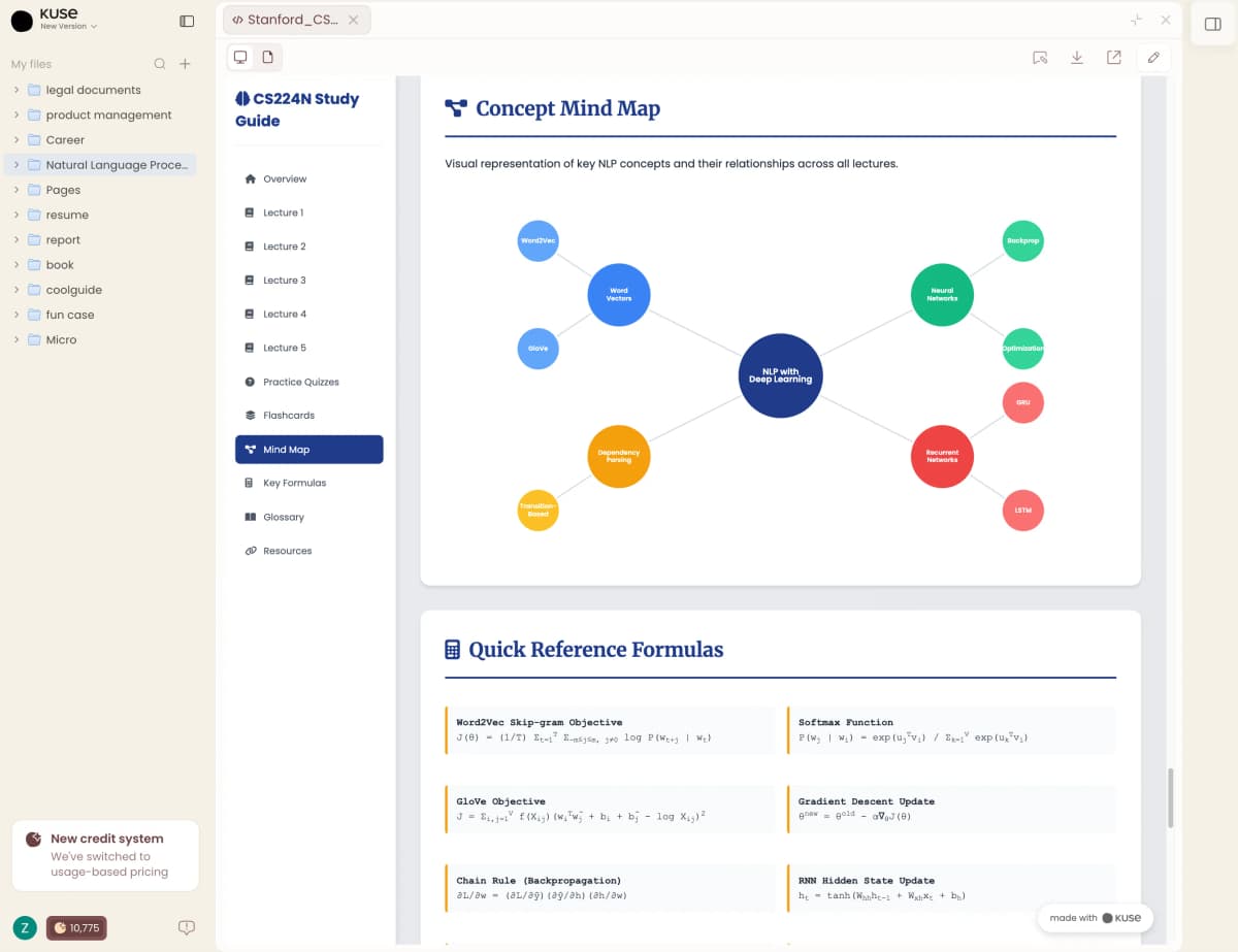 Kuse course workspace showing a generated study guide, concept mind map, and reference formulas.