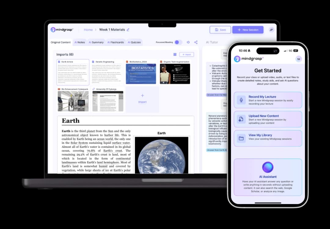 Mindgrasp workspace showing imported study materials on desktop and a mobile study-session screen