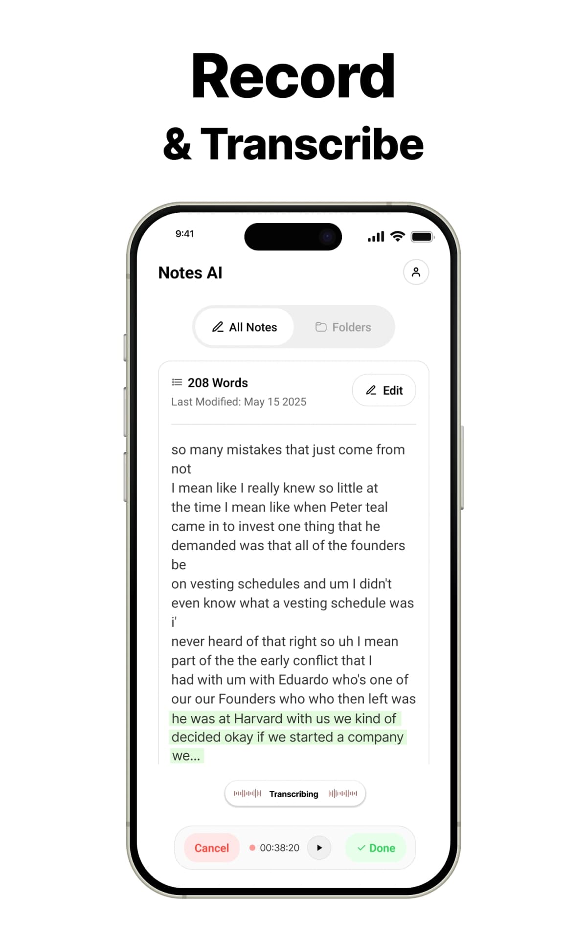 Notes AI Google Play promotional image showing a phone screen with transcribed note text, an active recording timer, and a “Transcribing” label.