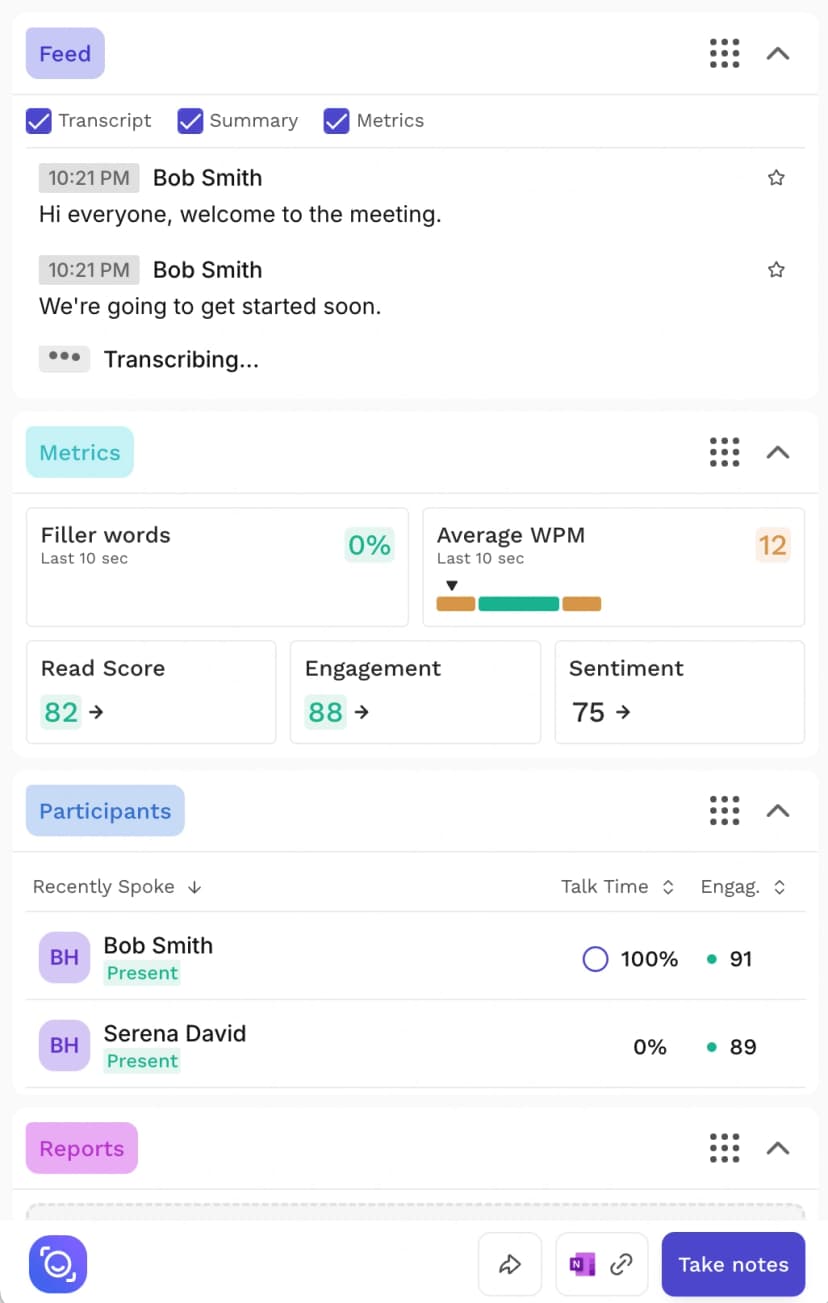 Read AI dashboard showing a live transcript and summary feed beside meeting metrics