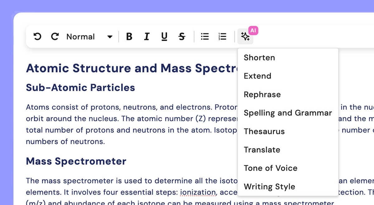 Revisely note editor showing an existing chemistry note and its AI rewrite menu.