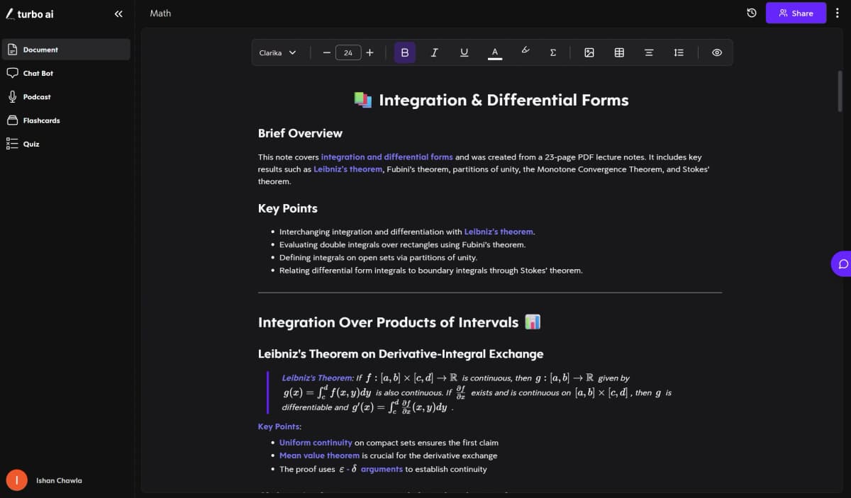 Turbo AI lecture-note workspace showing structured notes from a math lecture recording