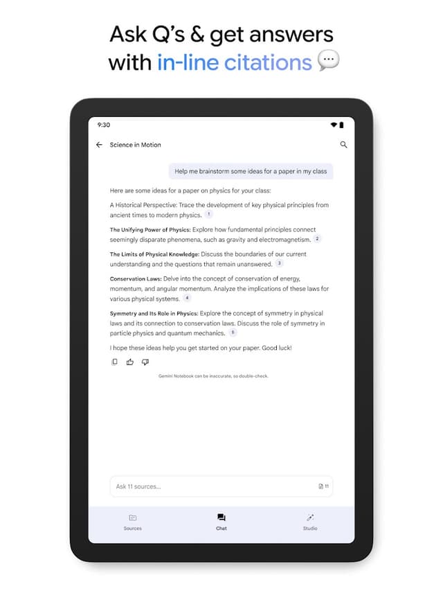 Gemini Notebook shows a question about physics with inline citation numbers beside the answer.
