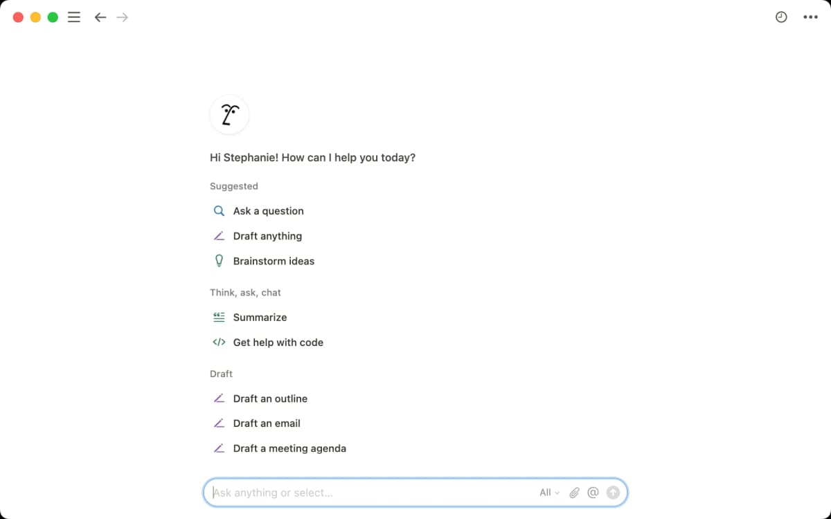 Notion AI’s official writer interface shows actions for asking, drafting, brainstorming, summarizing, and code help.