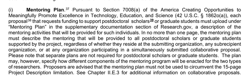 NSF PAPPG policy screenshot showing one-page mentoring plan and coverage of supported graduate students and postdoctoral scholars