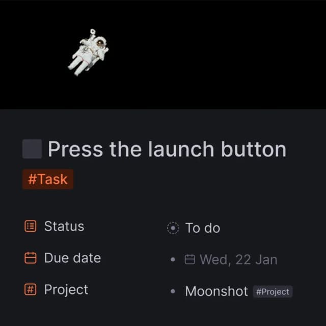Tana Outliner task node with a Task Supertag, status, due date, and project fields.