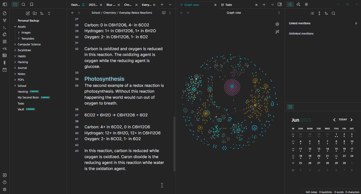 Obsidian desktop workspace showing a note, file tree, backlinks, and graph view for linked research notes.