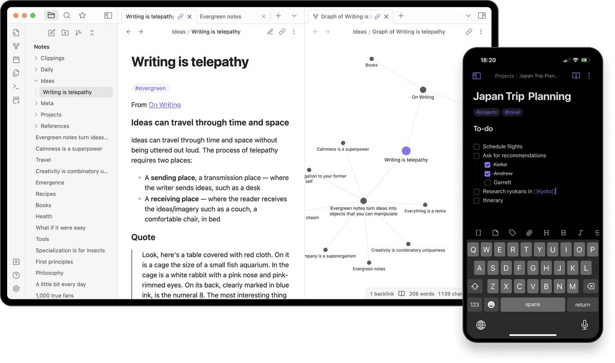 Obsidian interface screenshot showing local Markdown notes and a desktop note workspace.