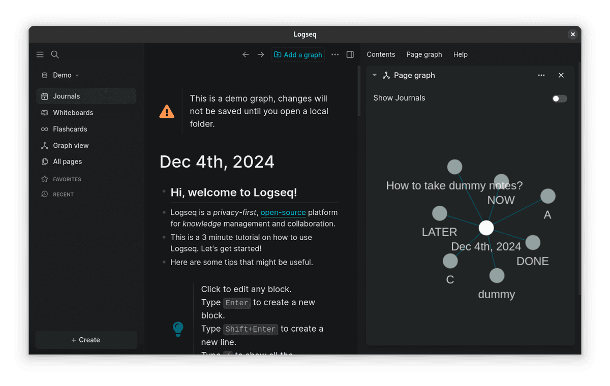 Logseq app window showing the daily journal, block bullets, and page graph.