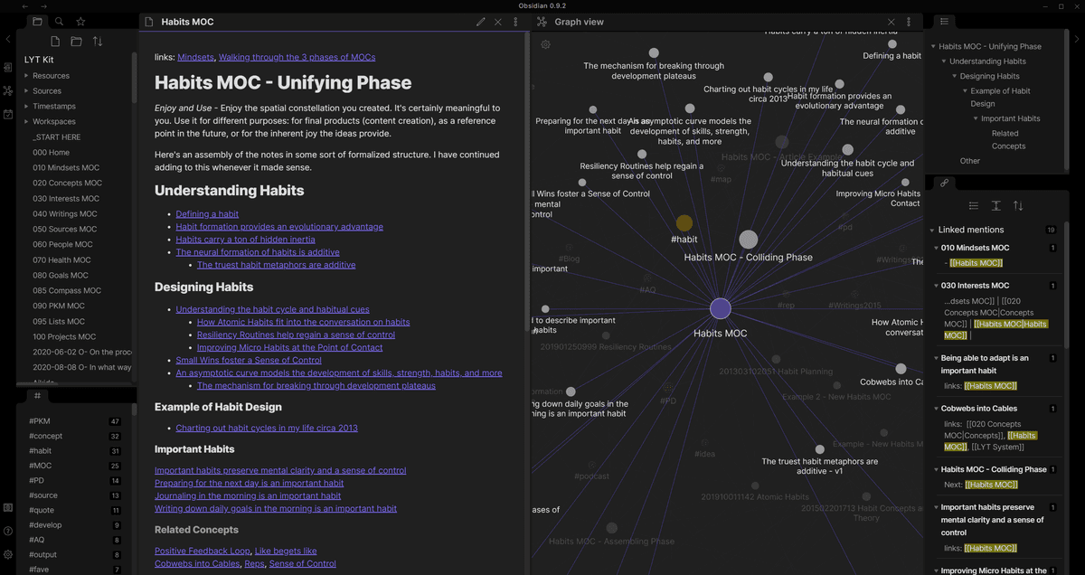 Official Obsidian screenshot showing a Markdown document beside graph view and linked mentions.