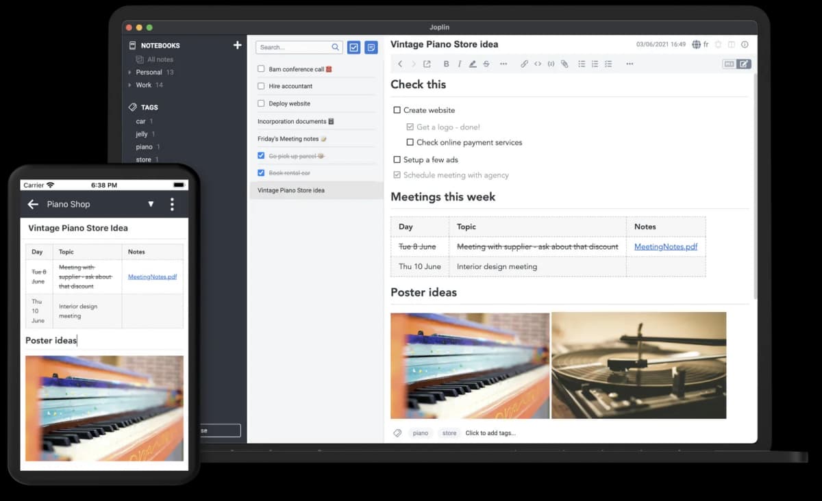 Official Joplin product screenshot showing notebooks, a note list, and a Markdown editor.
