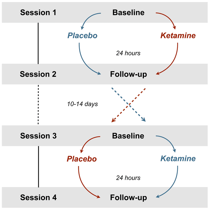 Published crossover-trial diagram showing participants randomly assigned to opposite placebo and ketamine sequences across four sessions.