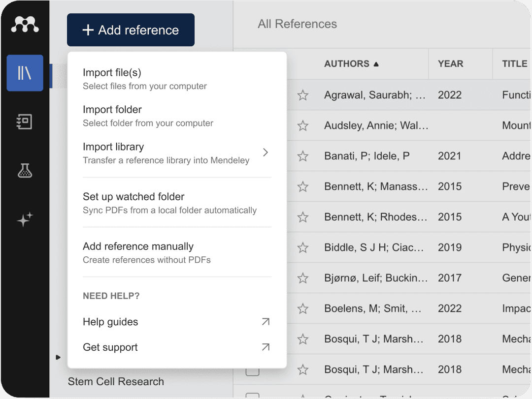 Mendeley Reference Manager menu for importing files or folders beside its All References table.