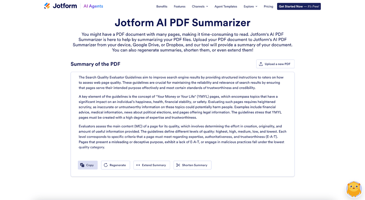 Jotform AI PDF Summarizer example page showing a sample summary and regenerate, extend, and shorten controls.
