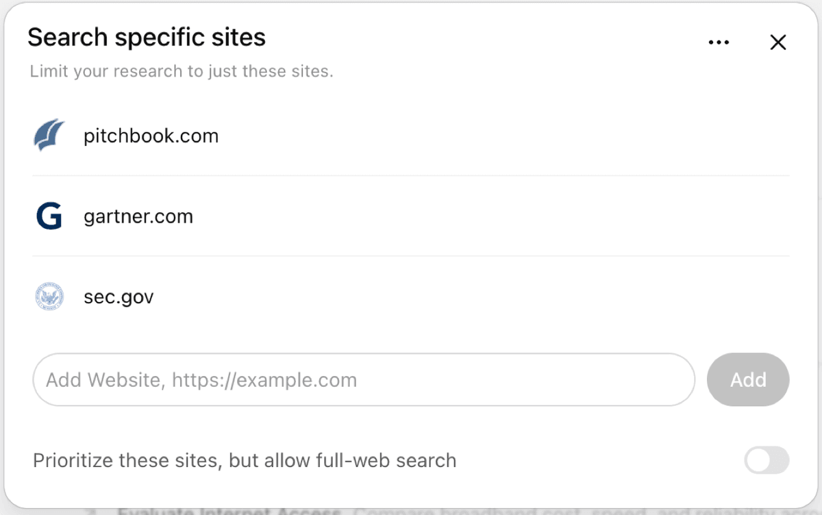 ChatGPT Deep Research source controls listing specific websites selected for a research task.