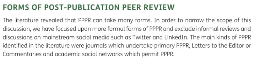 Original review excerpt distinguishing post-publication models and excluding mainstream social-media reviews; O'Sullivan et al., 2021.