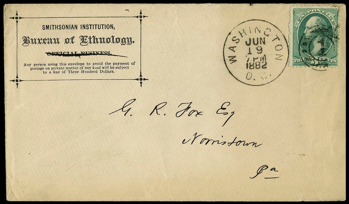 1882 Smithsonian Bureau of Ethnology cover with its printed business imprint, Washington postmark, green stamp, and handwritten addressee.