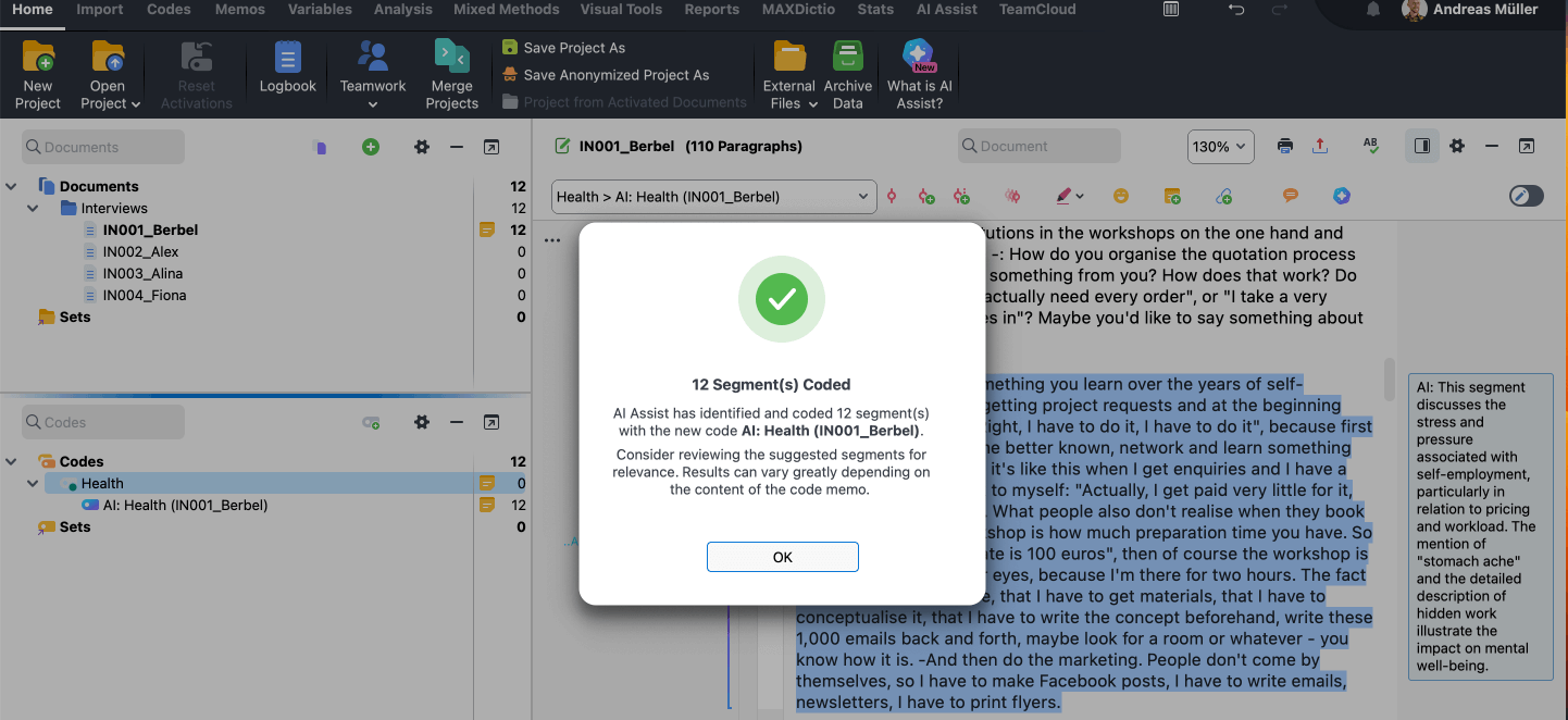 MAXQDA shows a selected interview passage beside its AI: Health code and explanatory comment.