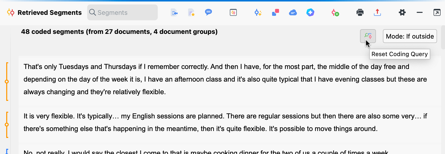 MAXQDA Retrieved Segments window showing coded interview excerpts ready for AI Chat analysis.