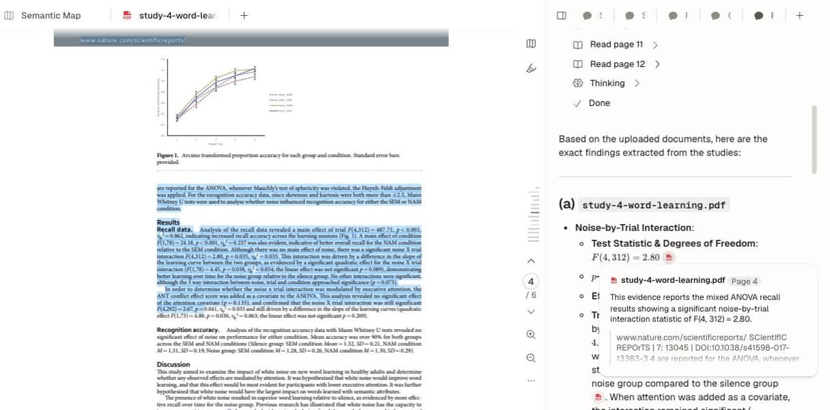 Atlas cited answer beside a highlighted Results passage and source citation.