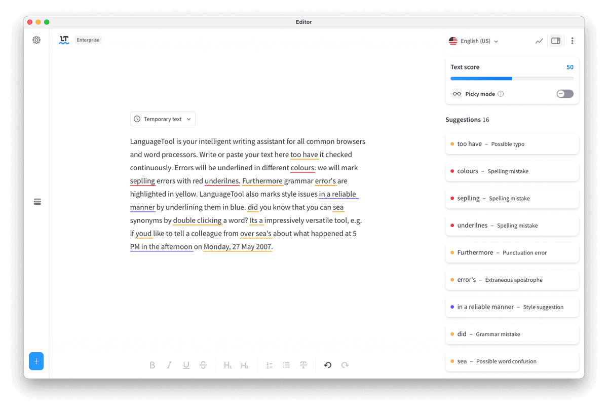 LanguageTool Editor with highlighted text and a suggestions panel listing spelling, grammar, punctuation, and style issues.