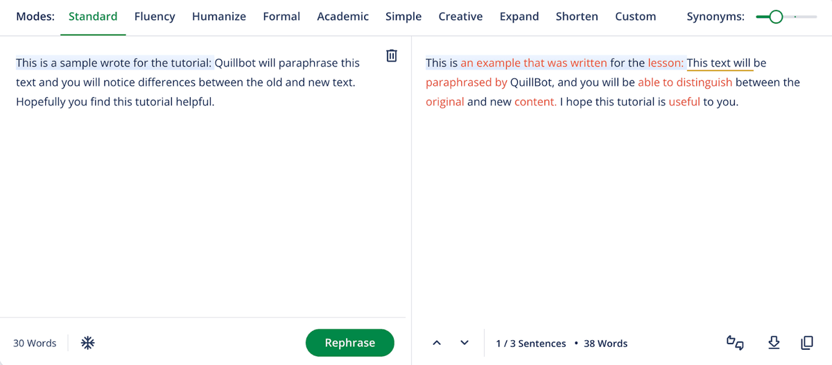 QuillBot Paraphraser with mode controls, original text on the left, and rewritten text with highlighted changes on the right.