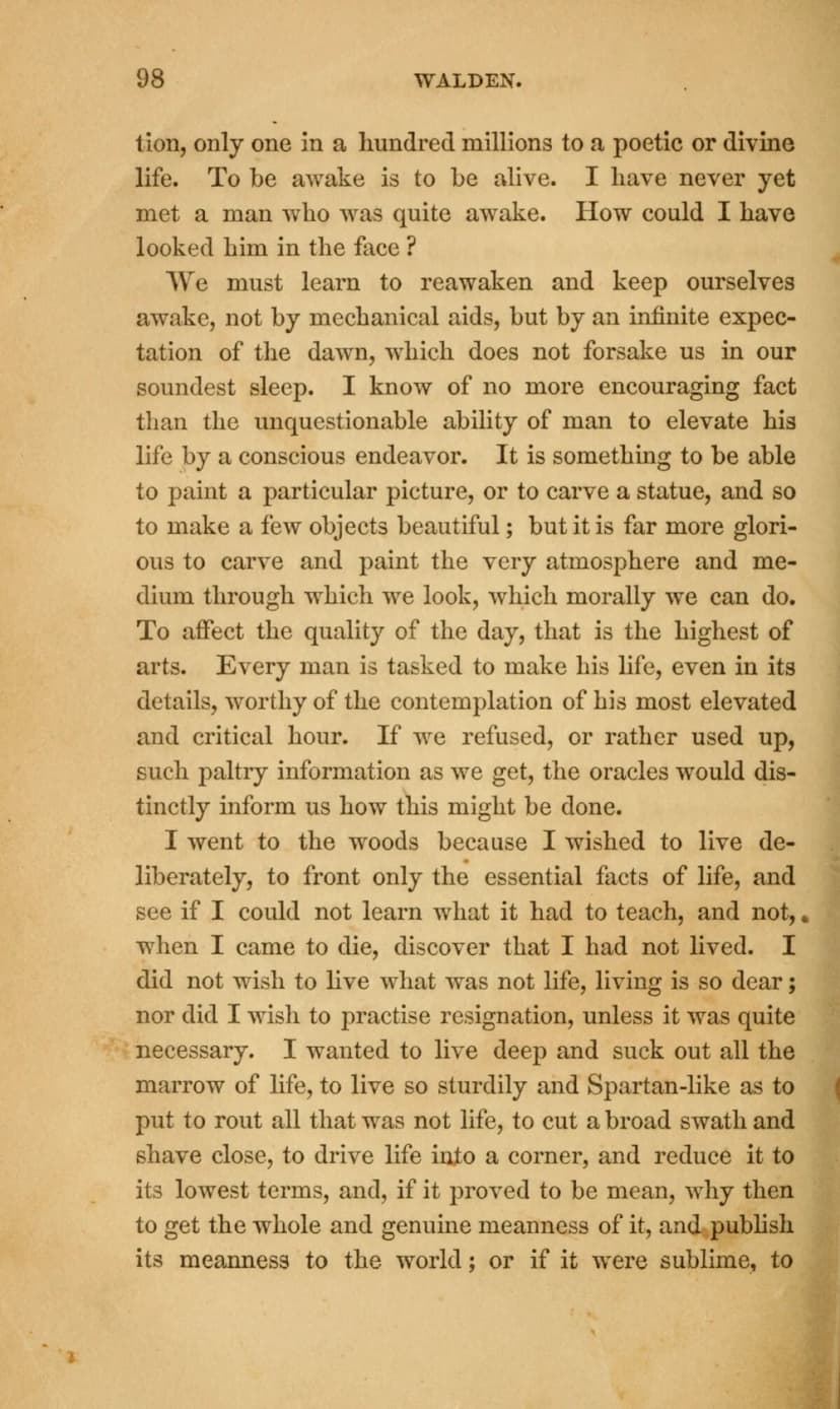 Printed page 98 of Thoreau's Walden, showing the passage about his purpose in going to the woods